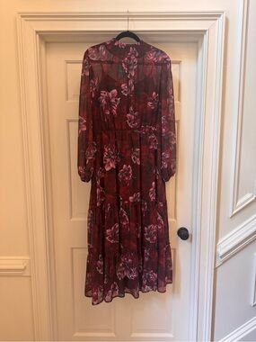 Lost + Wander Burgundy Floral Tiered Dress with Pink Blossoms